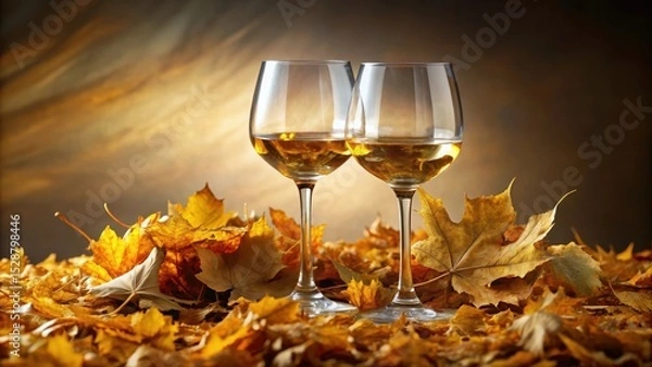 Obraz Two glasses of crisp white wine nestled amongst autumn leaves, a picturesque scene of seasonal refreshment