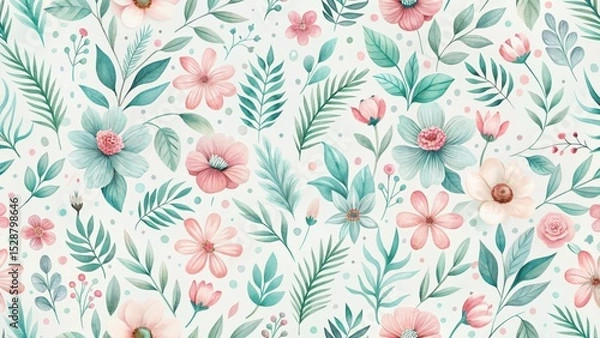 Obraz A Seamless Pastel Floral Pattern Featuring Delicate Blooms and Lush Greenery, Ideal for Textile Design or Decorative Applications