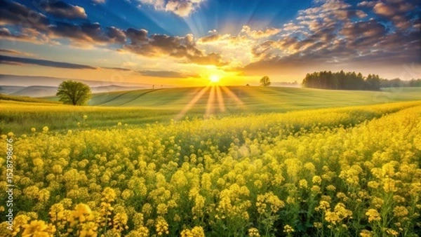 Obraz Serene Sunrise Illuminates Vibrant Yellow Fields of Blossoming Flowers Under a Dramatic Sky