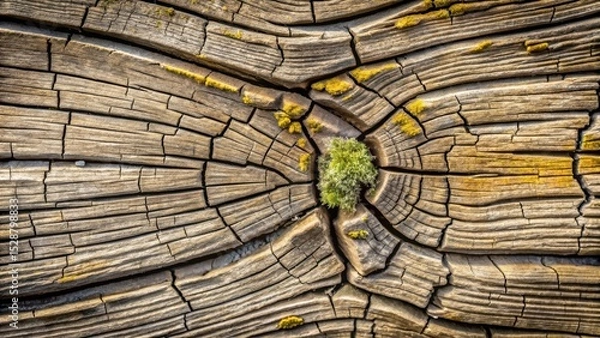Obraz Detailed Close-up of Weathered Wood Showing Natural Cracks and Small Plant Growth
