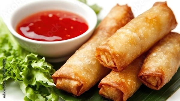 Obraz Four golden-brown egg rolls rest on a banana leaf with a small bowl of vibrant red dipping sauce and fresh lettuce garnish, all set against a stark white backdrop