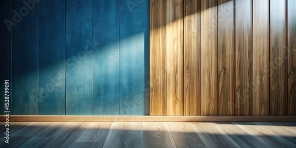 Obraz Sunlit Interior with Teal and Wood Paneling on Walls and Hardwood Floor