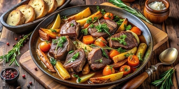 Obraz Hearty Stew with Roasted Vegetables and Tender Meat in a Rustic Pan