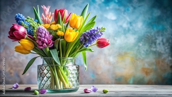 Obraz A vibrant spring bouquet of tulips, hyacinths, and other colorful blossoms arranged in a decorative glass vase on a rustic wooden surface against a textured background
