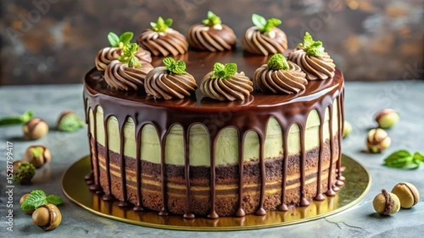 Obraz Delicious layered chocolate cake with mint frosting and chocolate ganache, adorned with delicate chocolate swirls and fresh mint leaves.