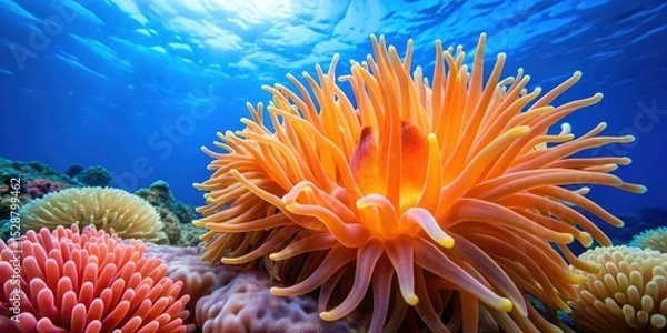 Obraz Vibrant underwater scene showcasing a captivating array of sea anemones in diverse hues, their tentacles gracefully extending in a breathtaking display of aquatic life