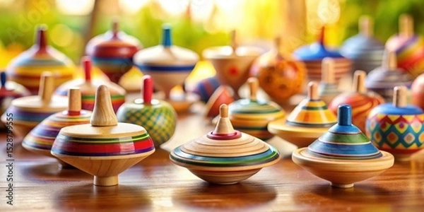 Obraz A Collection of Whimsical Hand-Painted Wooden Spinning Tops on a Polished Surface
