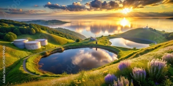 Obraz Serene Sunrise Over Rolling Hills, Reflecting in Still Waters, with Industrial Structures