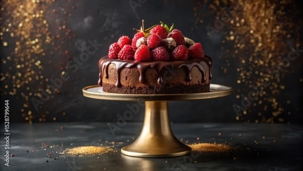 Obraz A decadent chocolate dessert cake adorned with fresh raspberries, elegantly displayed on a golden cake stand against a dark background, perfect for celebratory occasions