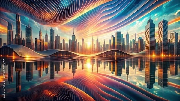 Obraz A Futuristic Metropolis at Sunset Reflected in a Calm Water Body with Abstract Architectural Elements