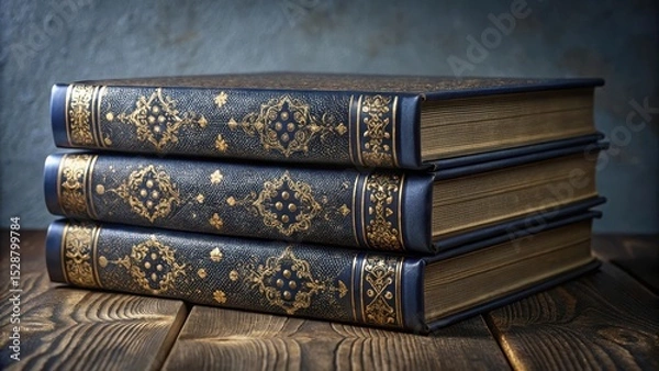 Obraz A Stack of Antique Leather-Bound Books with Ornate Gold Detailing on a Dark Wooden Surface
