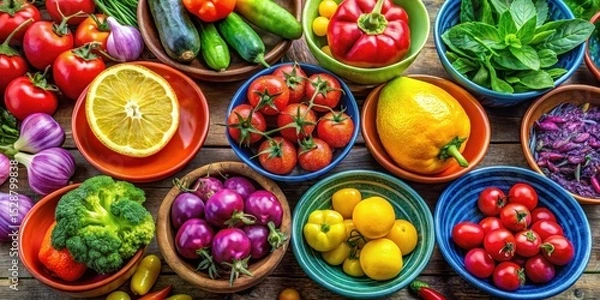 Obraz Vibrant Assortment of Fresh Produce in Colorful Bowls on Rustic Wooden Surface