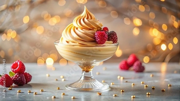 Obraz Delightful Creamy Frozen Dessert with Sweet Berries in a Glass Bowl, Festive Background