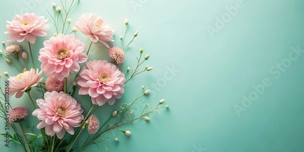 Obraz A Delicate Arrangement of Pastel Pink Blossoms on a Soft Aqua Background