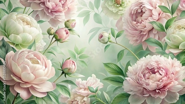 Obraz An Exquisite Arrangement of Pastel Peonies and Lush Greenery, a Delicate Botanical Illustration Featuring Soft Hues and Intricate Details