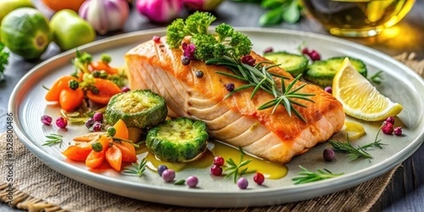 Obraz Delicious Pan-Seared Salmon Fillet with Roasted Vegetables and Herbs on a Plate