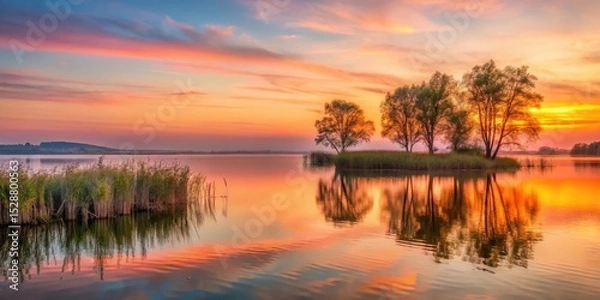 Obraz Serene Sunset Over Still Water with Silhouetted Trees and Reeds Reflecting in the Calm Lake