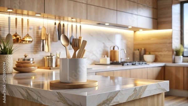Obraz Modern Kitchen Utensil Holder on Marble Countertop with Warm Lighting