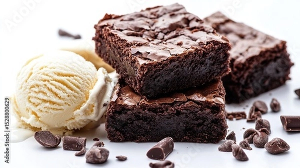 Obraz Two fudgy brownies stacked, alongside a scoop of vanilla ice cream and scattered chocolate chips on a white background.  The brownies have a rich, dark brown color and a slightly cracked top