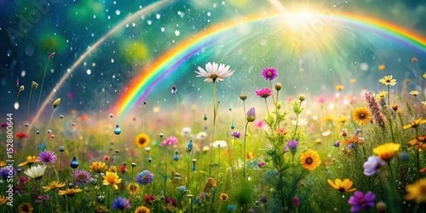Obraz Vibrant Wildflower Meadow Basking in Sunlight After a Gentle Rain Shower, Adorned with a Majestic Rainbow Arcing Across a Serene Sky