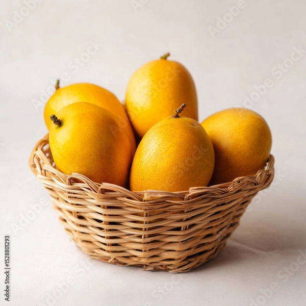 Fototapeta mango fruit in a basket, some fresh yellow-orange mangoes with smooth skin neatly arranged in a small rattan basket, clean white background without other elements, ai generated images.
