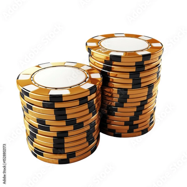 Obraz Stacks of Golden and Black Casino Chips on a Clean White Background