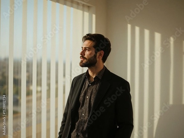 Obraz A Thoughtful Moment. Portrait of a Stylish Man in Contemplation by the Window.