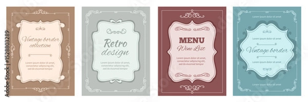 Fototapeta Vintage frame cards. Elegant retro design, invitations templates, restaurant menu cover, ornamental curls, twisted ornate borders, wedding calligraphic graphic, splendid vector isolated set