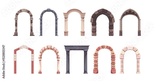 Fototapeta Stone arches of castles. Ancient medieval gates, architecture elements, antique column, games graphic resources marble and brick doorway, cathedral entrance tidy vector cartoon flat isolated set
