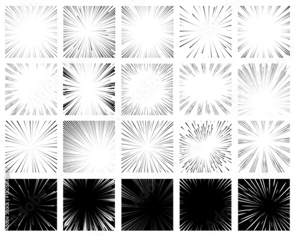 Fototapeta Radial manga frames. Anime round borders, speed lines or explosion effect, different intensity strokes, comics scene tension. Black rays on transparent background, qualitative vector set