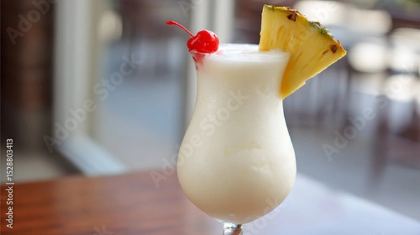 Fototapeta Refreshing Tropical Beverage with Pineapple Wedge and Cherry Garnish in a Glass