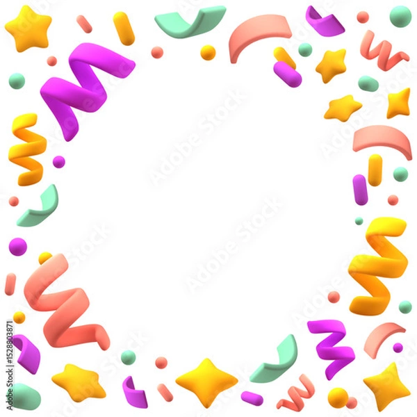 Fototapeta Cartoon 3d confetti frame. Colorful pieces of paper and serpentine, holiday party elements, chubby cute style, card background, glossy render stars and dots, firecrackers classy vector concept