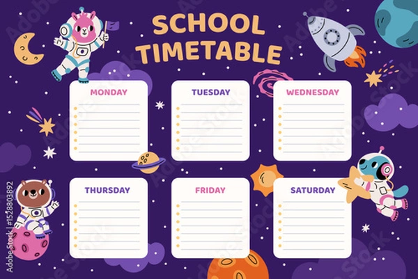 Fototapeta Animals astronauts schedule. Cute fauna characters with spacesuits, zero gravity, planets, cartoon rocket, star and planets, school timetable, kids space exploration garish vector concept