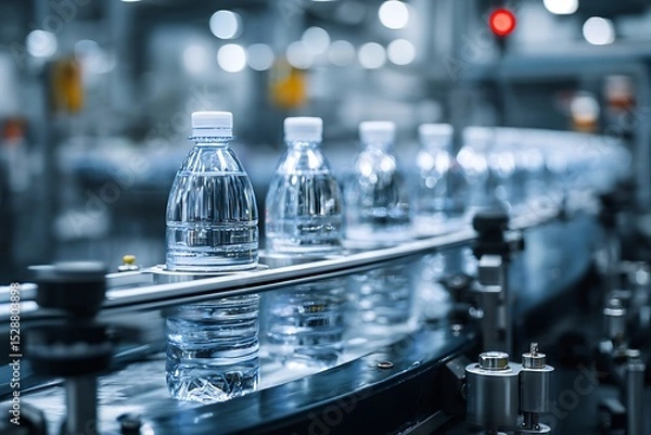 Fototapeta Water bottle filling machine in a sterile production line, automated system, focus on movement and machinery details, industrial photography style