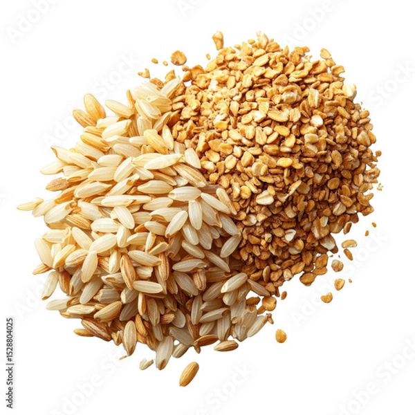 Obraz Two piles of grains, one consisting of whole rice kernels and the other of broken or crushed rice pieces. Png, Transparent background.