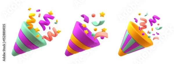 Fototapeta 3d confetti popper. Colorful firecrackers, flying paper particles, stars, serpentine, cartoon volumed style, party time colorful explosion, celebration, isolated glossy render classy vector set