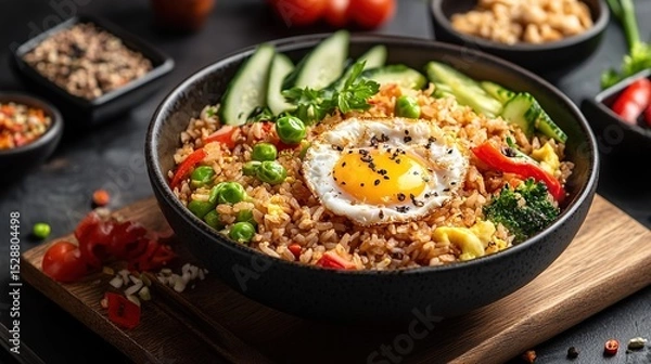 Obraz A vibrant bowl of fried rice features a sunny-side-up egg, nestled amongst colorful vegetables like peas, carrots, and broccoli, complemented by sliced cucumbers