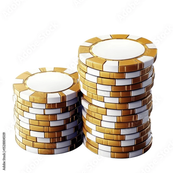 Obraz Stacks of golden and white casino poker chips isolated on white background