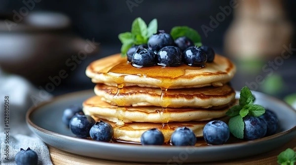 Obraz A stack of three golden-brown pancakes drizzled with syrup, adorned with fresh blueberries and mint sprigs on a slate-grey plate