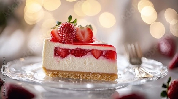 Obraz A delectable slice of creamy cheesecake, adorned with fresh strawberries and a glistening strawberry glaze, sits on a clear glass plate against a softly blurred, warm-toned background