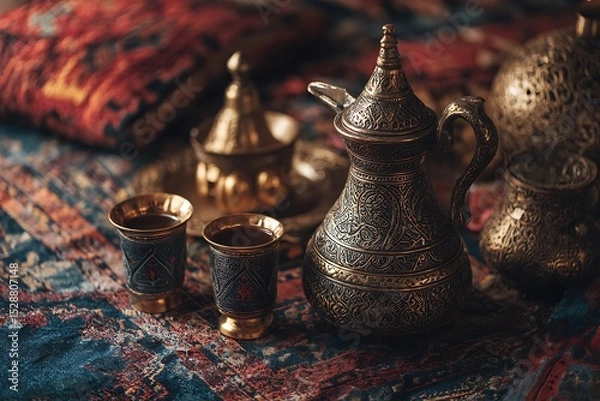Fototapeta Middle Eastern coffee ritual with ornate dallah coffee pot and small cups, patterned carpet background, cultural richness and soft lighting