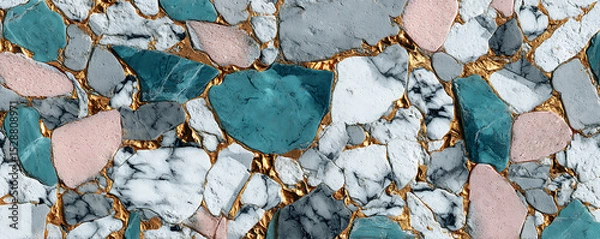 Fototapeta Decorative terrazzo pattern made from turquoise white pink and gray marble and stone pieces set in a light cement matrix creating a colorful abstract surface