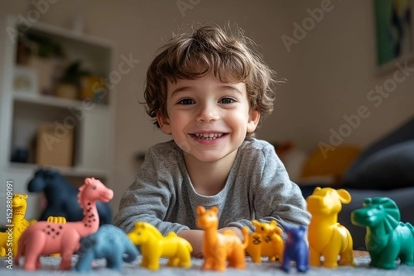 Fototapeta Cute young boy playing with colorful animal toys at home, using his imagination to create stories and scenarios while enhancing his motor skills through play, Generative AI