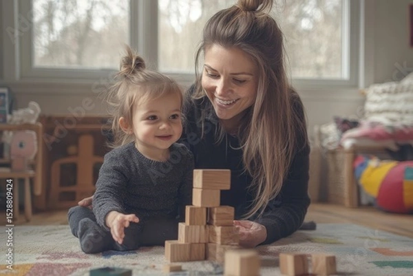 Obraz Young girl and her nanny having fun building a wooden block tower together, fostering creativity and learning while enjoying their time in the playroom, Generative AI