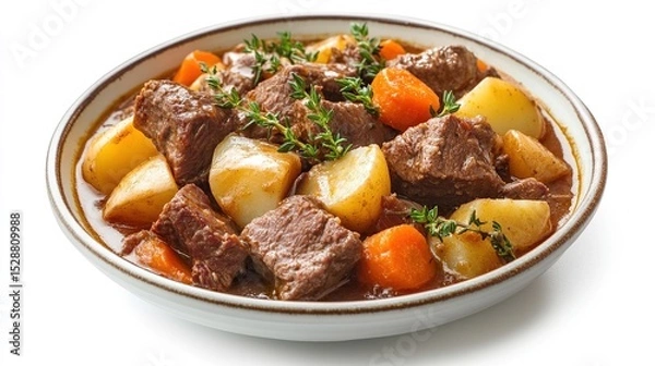 Obraz Hearty beef stew with chunks of tender beef, potatoes, and carrots in a rich brown gravy, garnished with fresh thyme sprigs, served in a shallow white bowl against a bright white background