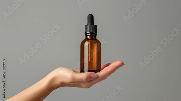 Obraz Person grasping an amber glass dropper bottle set against a neutral grey backdrop