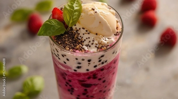 Obraz A tall glass of vibrant pink raspberry smoothie, layered with chia seeds and topped with a scoop of vanilla ice cream, fresh basil, and a strawberry slice.  Raspberries are scattered around the glass