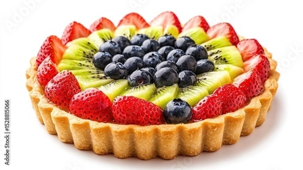 Obraz A round fruit tart with a golden crust, topped with a vibrant arrangement of sliced strawberries, kiwi, and blueberries, creating a colorful and appetizing dessert