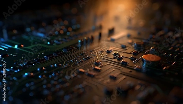 Fototapeta Close-up of a complex circuit board with intricate details