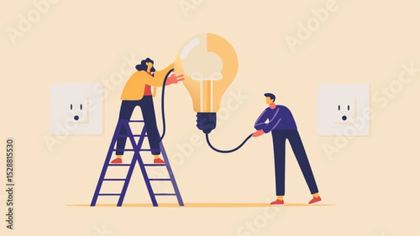 Fototapeta Teamwork and Innovation Two People Working Together to Plug a Light Bulb into an Outlet for a Bright Idea